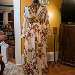 Floral Maxi Dress in Cream and Brown